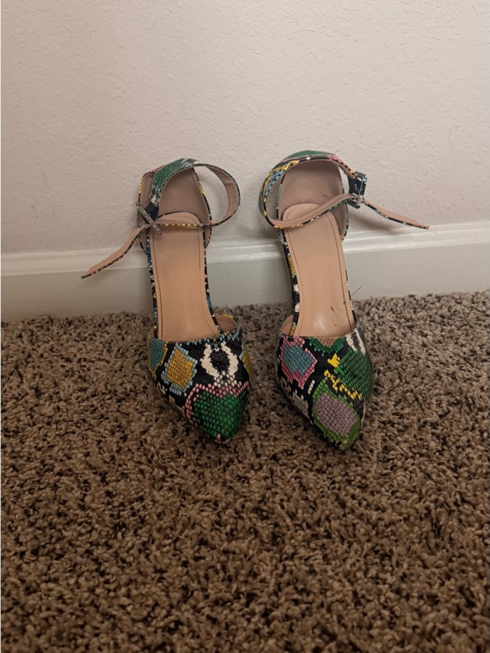 Women's Multicolor Snakeskin Pointed-Toe Ankle-Strap Heels